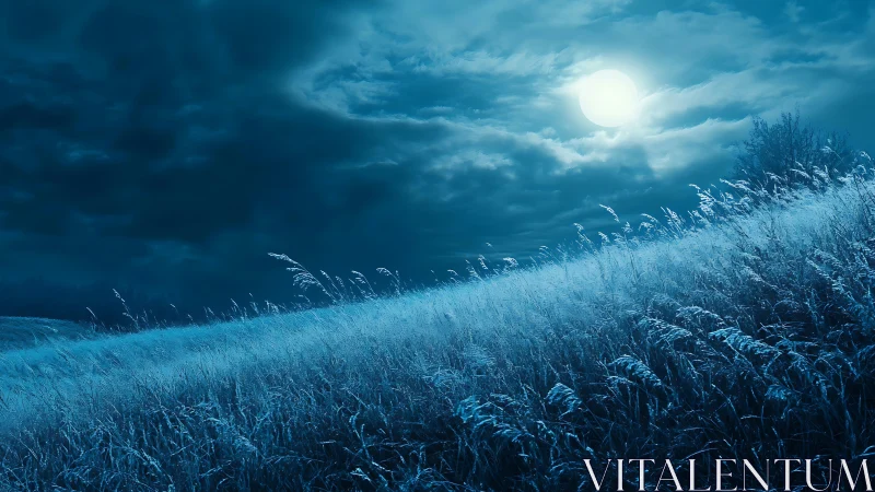 Moonlit frosty hillside glows beneath dramatic storm clouds.