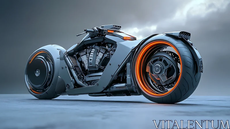 Futuristic low-profile motorcycle with illuminated rim details.