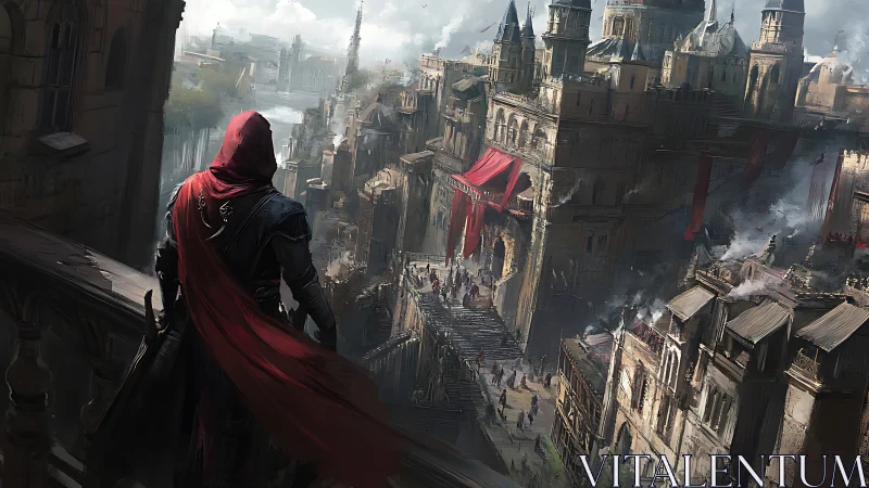 Hooded watchman surveys a war-torn medieval citadel below