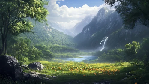 Lush mountain valley with lake, wildflowers, and waterfall.