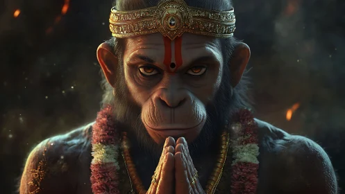 Divine simian warrior in ornate crown and glowing embers.