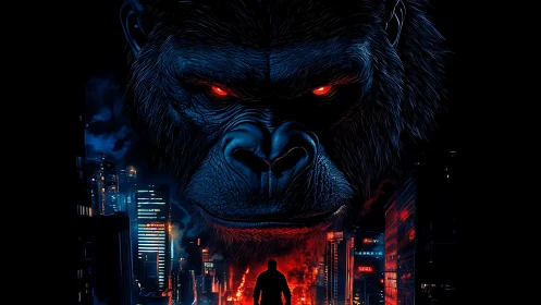 Neon city showdown under the gaze of a colossal ape spirit.