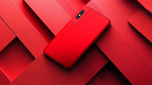 Bold red smartphone resting in a sleek graphic backdrop.