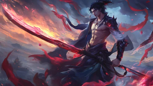 Bare-chested swordsman holds glowing blade amid storm sky