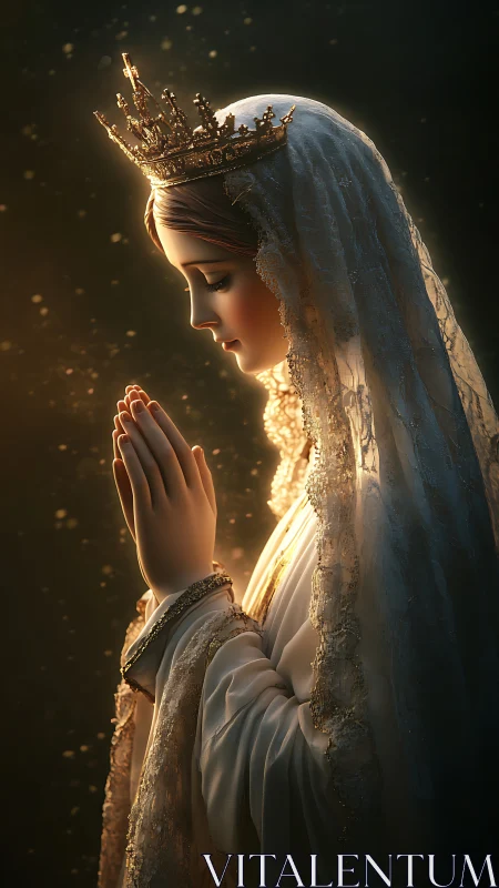 Crowned veiled saint in golden side light, hands in prayer.