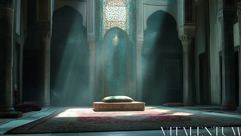 Volumetric light over ornate prayer dais in Islamic hall.