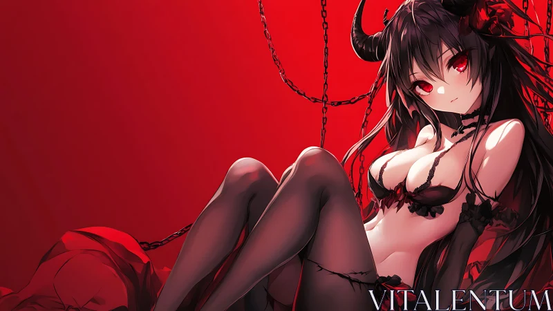 Demonic anime girl reclines in crimson chains and shadows.