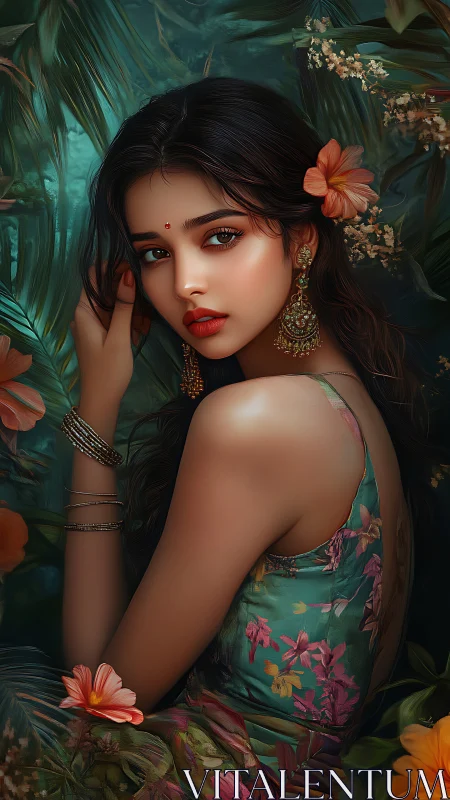 Woman in floral dress posed amid dense tropical foliage.