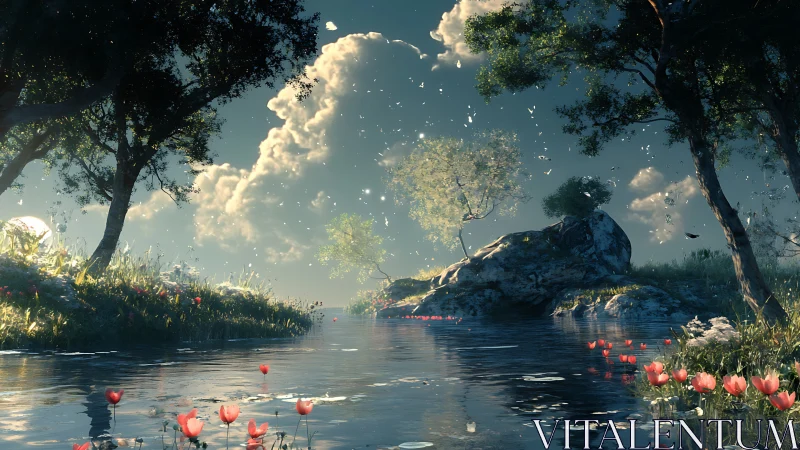 Digital river landscape with trees, rocks and flowers.