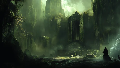 Cloaked figure before overgrown ruined stone citadel gate.