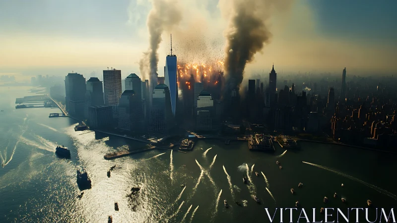 Aerial photorealistic skyline under catastrophic high-rise blast