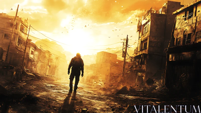 Lone survivor strides toward a blazing golden horizon