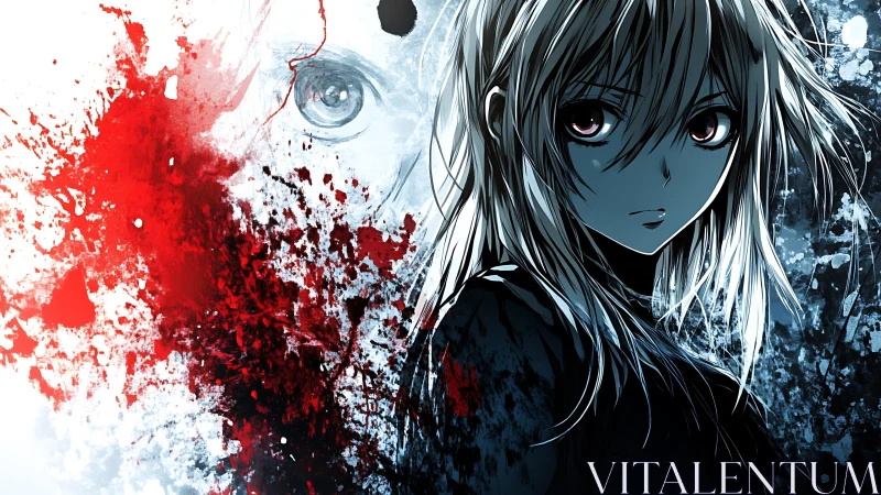 Brooding anime girl against red and blue splatter background.