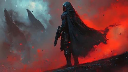 Hooded armed figure on volcanic alien battlefield in smoke.