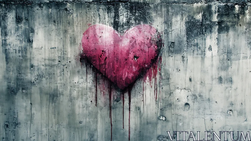 Pink heart drips down weathered gray concrete wall surface