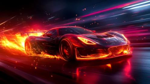 Flaming cyberpunk race car tears through neon night circuit