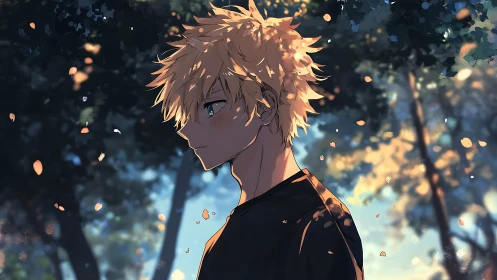 Blond anime boy walks through sunlit forest dusk glow.