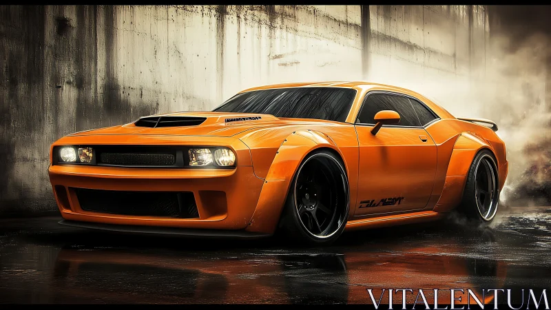 Orange widebody muscle car rendered in wet urban alley