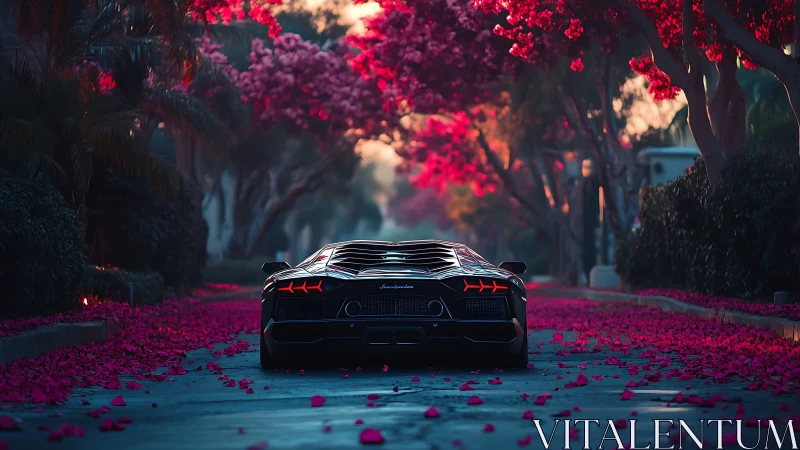 Supercar glides through rose petal avenue at neon dusk
