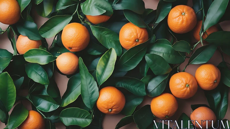 Photorealistic citrus still life with dense foliage patterning.