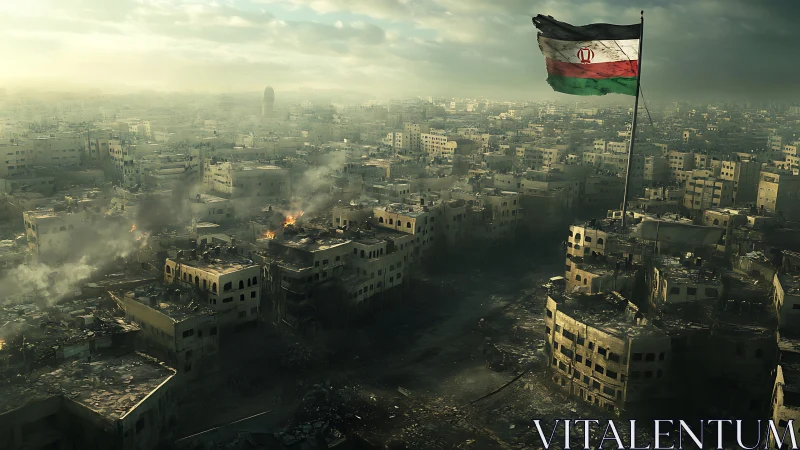 War-torn cityscape lies under smoke as lone flag rises high.