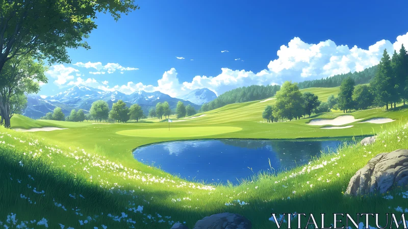 Sunny mountain golf course surrounds reflective water hazard