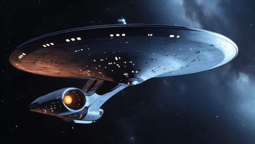 Starship with saucer hull traverses deep interstellar space