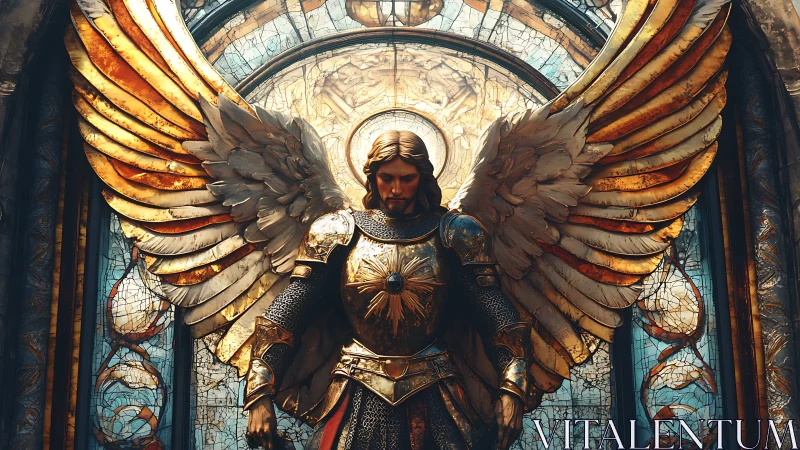 Golden-winged guardian angel in radiant stained glass armor.