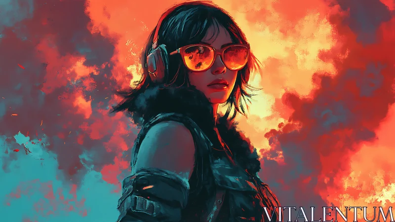 Chromatic vaporwave rebel in incendiary skyfield tableau.