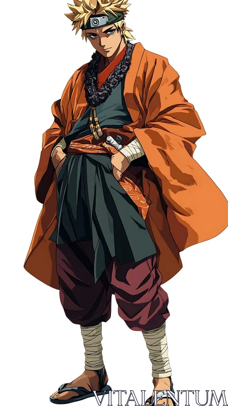 Anime warrior character in layered samurai streetwear design.