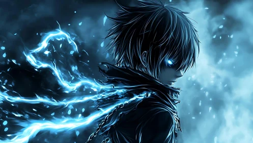 Electrified anime warrior commands glowing blue energy.