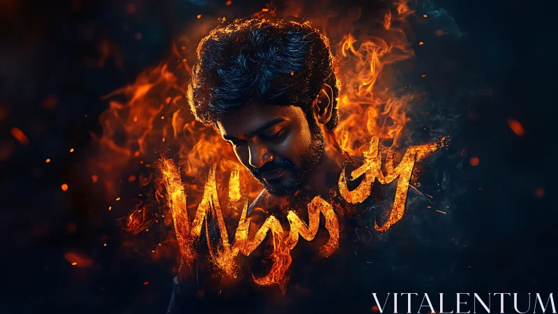 Fiery portrait of man with glowing flame typography.