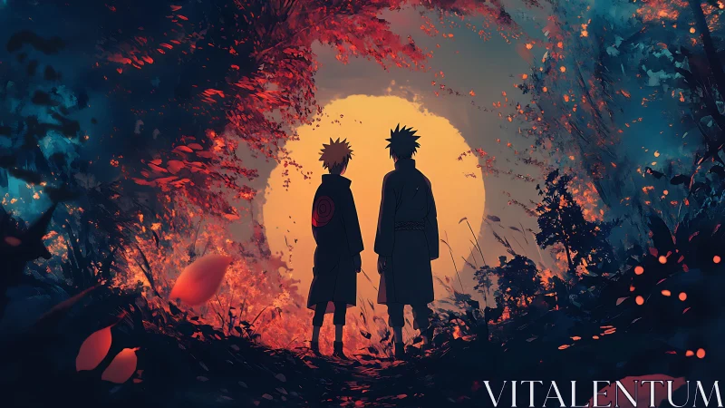 Backlit anime silhouettes in chromatic forest tunnel at dusk.