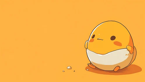 Stylized egg-shaped chick character with minimalist orange backdrop