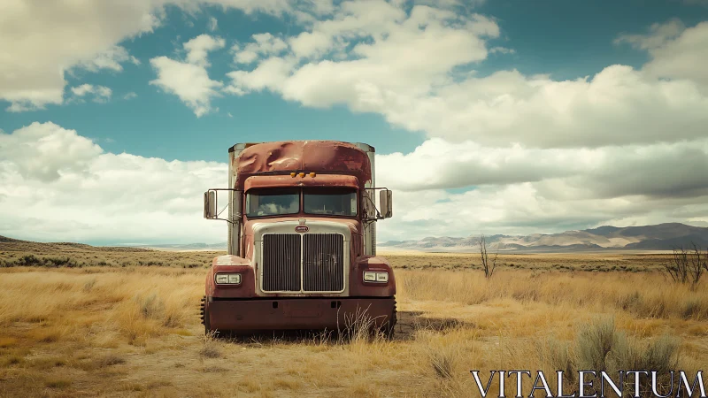 Photographic study of abandoned red truck in open prairie landscape.