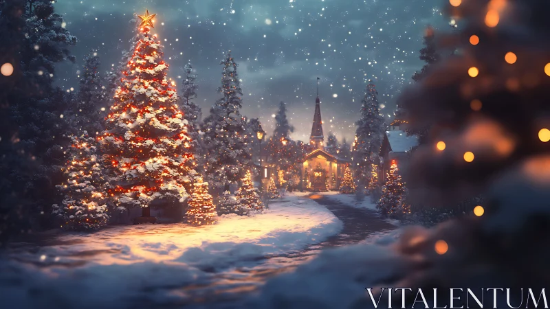 Snowy village Christmas tree under glowing festive lights.