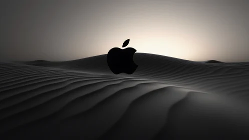 Glowing Apple logo rising gently over calm desert dunes.