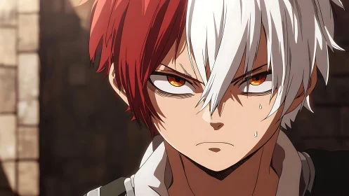 Intense anime close-up with dual-tone hair and dynamic lighting