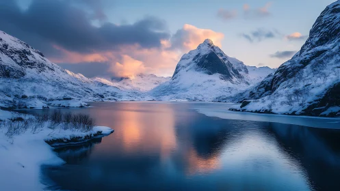 Snowbound fjord at dusk with glowing alpine peak reflections.