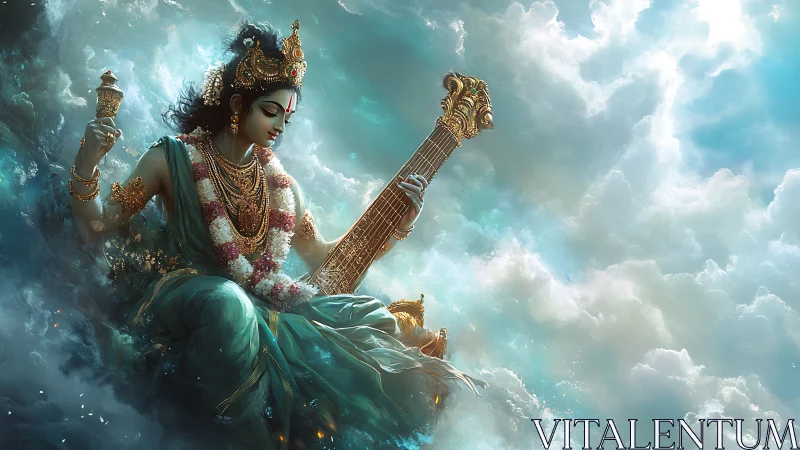 Divine musician figure in clouds holding ornate veena.