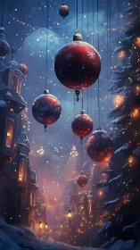 Suspended red ornaments over snowy nocturnal streetscape.