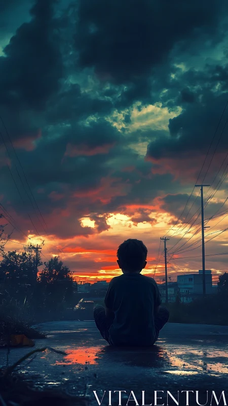Child sits on wet pavement observing dense storm clouds
