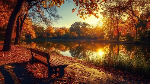 Sunlit park bench beside reflective autumn lakeside path.