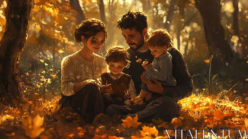 Family gathering among autumn foliage in woodland setting.