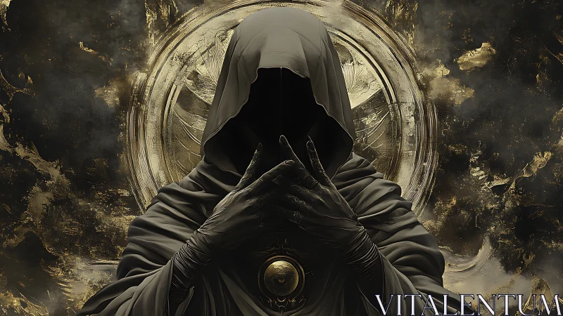 Hooded voidkeeper before a scorched celestial halo.