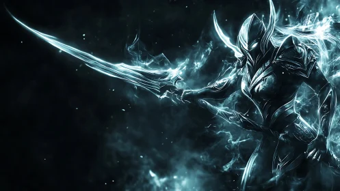 Spectral bladewielder carves light through midnight storm.