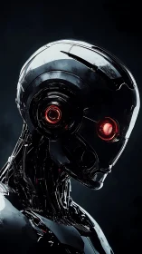 Chrome combat android with red sensor eyes, noir lighting.