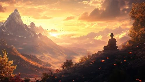 Sunlit alpine meditation overlooking volumetric mist valley.