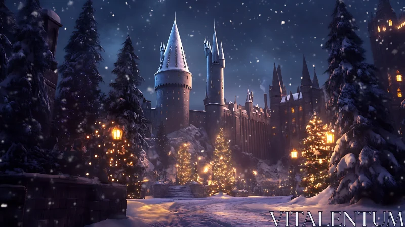 Winter castle courtyard under snowfall with festive lighting.