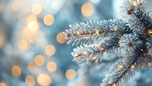 Frosted pine branches glow softly amid golden holiday lights.